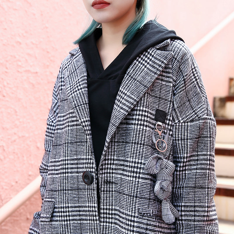 Black Plaid Maxi Coat Notched Long Coat Zippered Baggy Long Coat