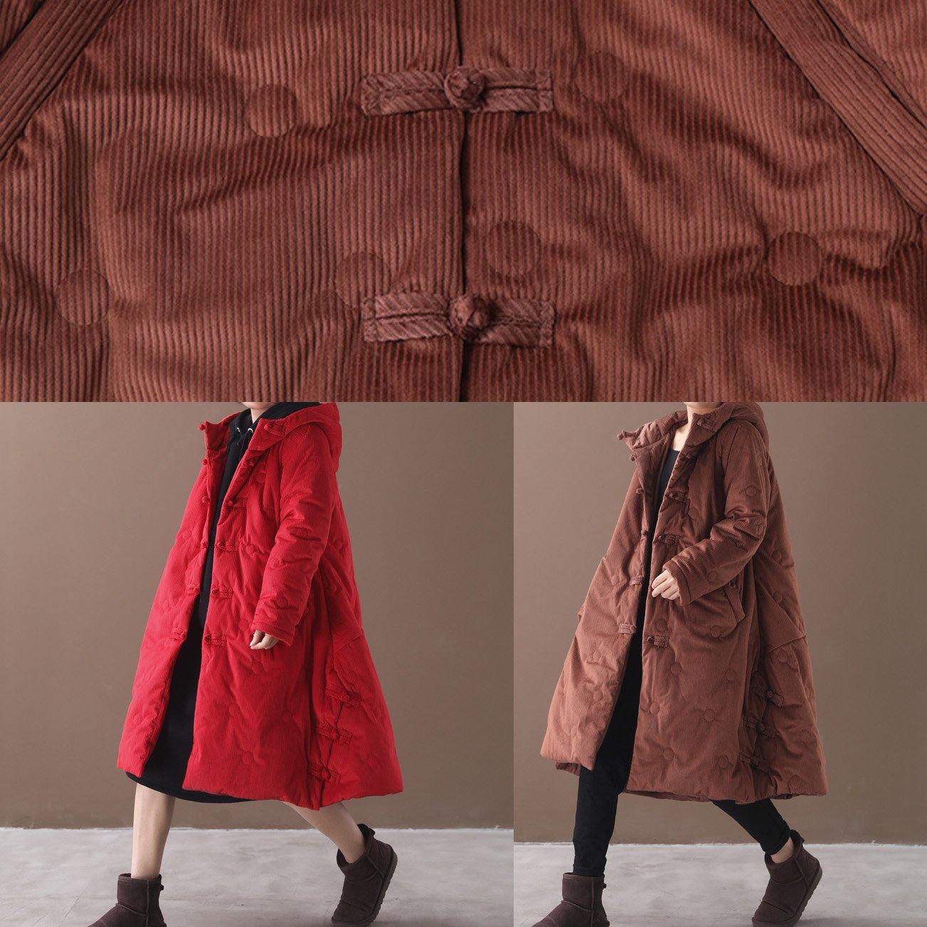 Brown Outwear Warm Winter Coat Chinese Button Hooded Coats