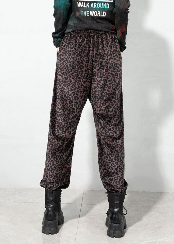 Chocolate Drawstring Pockets Leopard Corduroy Pants Spring