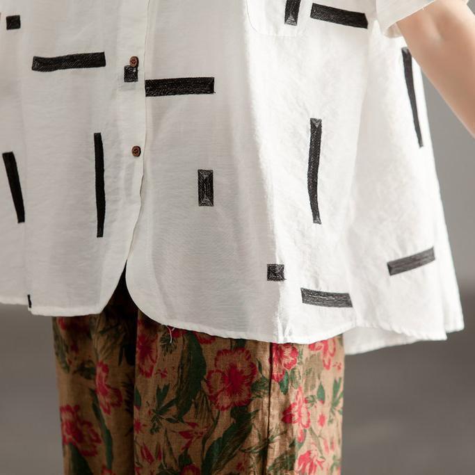Cotton Shirts Round Neck Short Sleeve Summer White High-low Hem Blouse