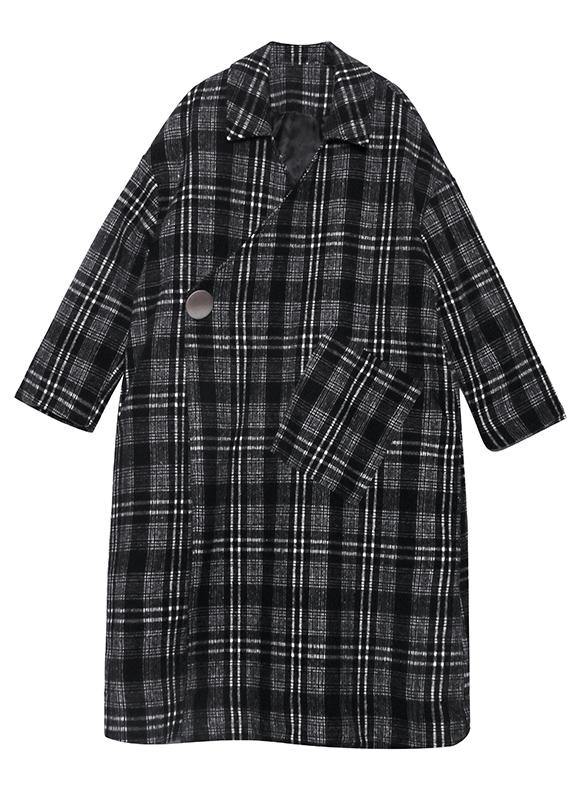 Gray Plaid Woolen Coat Notched Pockets Long Coats