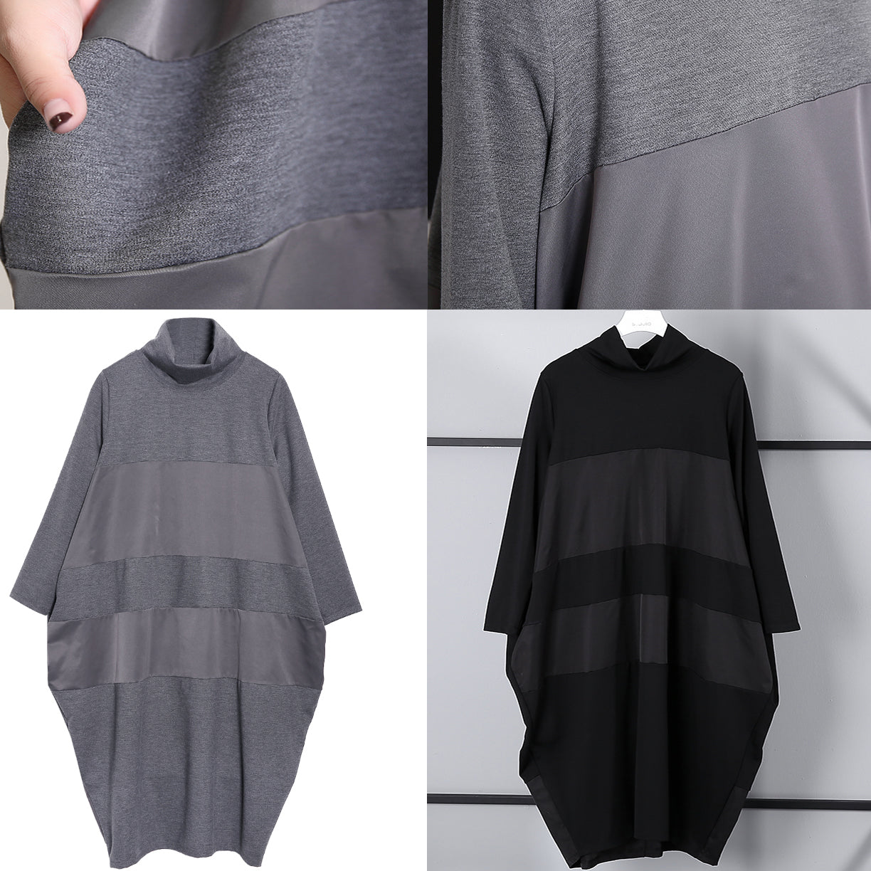 Gray Shift Dress Long Sleeve New Turtleneck Patchwork Cotton Blended Clothing Dress