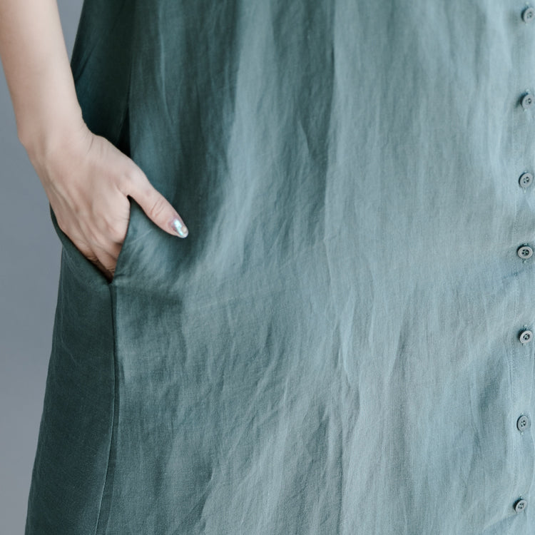 Green Natural Cotton Linen Dress Holiday Dresses Short Sleeve Patchwork Peter Pan Collar Pockets Knee Dresses