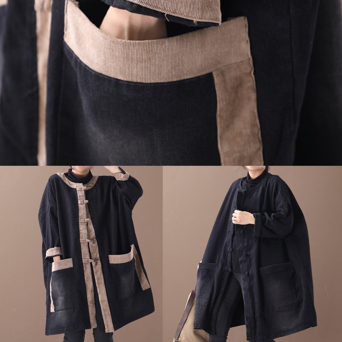 Hooded Chinese Button Clothes Denim Black Patchwork Khaki Clothing Coats