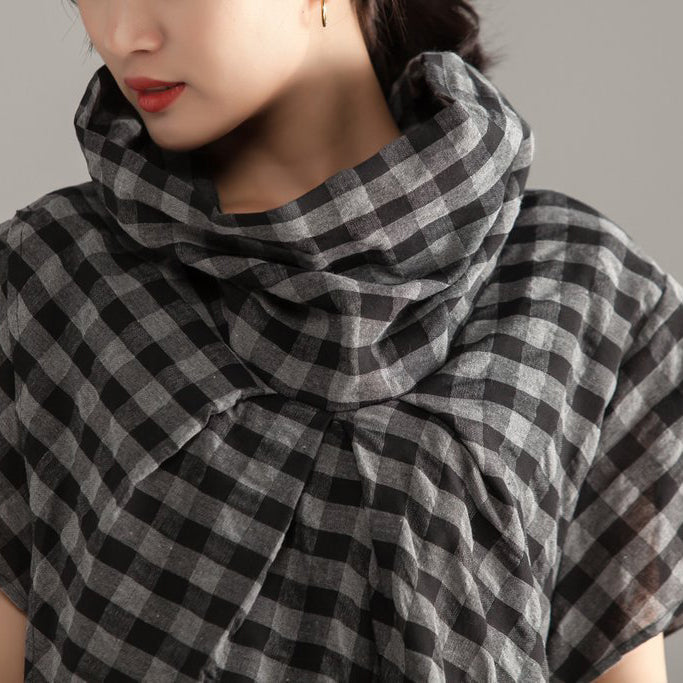 Linen Cotton Tops Mock Neck Short Sleeve Lattice Irregular Tops