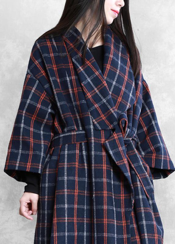 Coats Blue Plaid Notched Tie Waist Wool Coat for Woman
