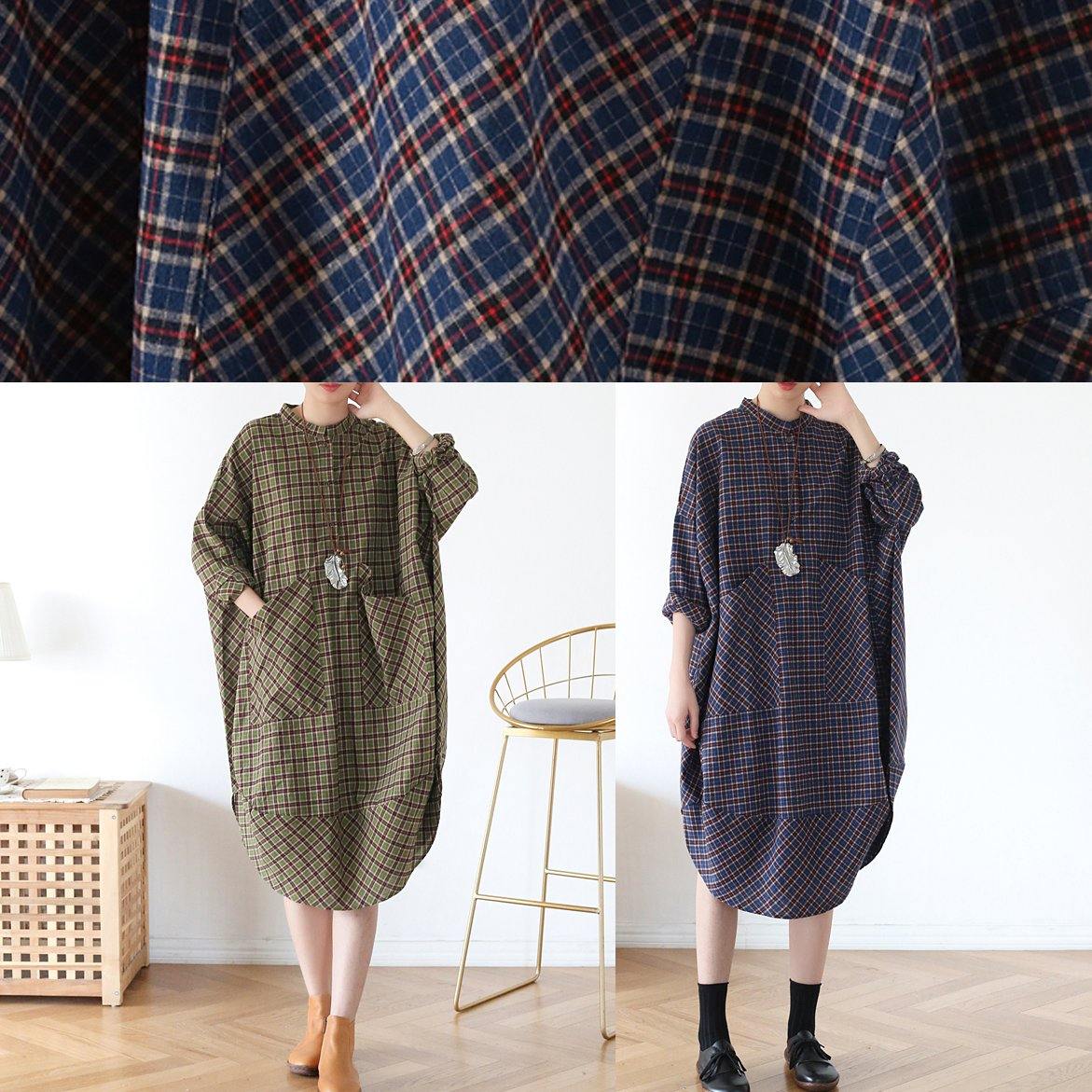 Pockets Fall Clothes Blue Purple Plaid Loose Dresses