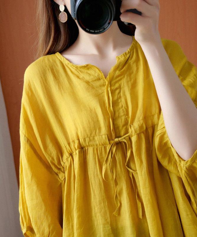 V Neck Drawstring Blouses for Sewing Yellow Top