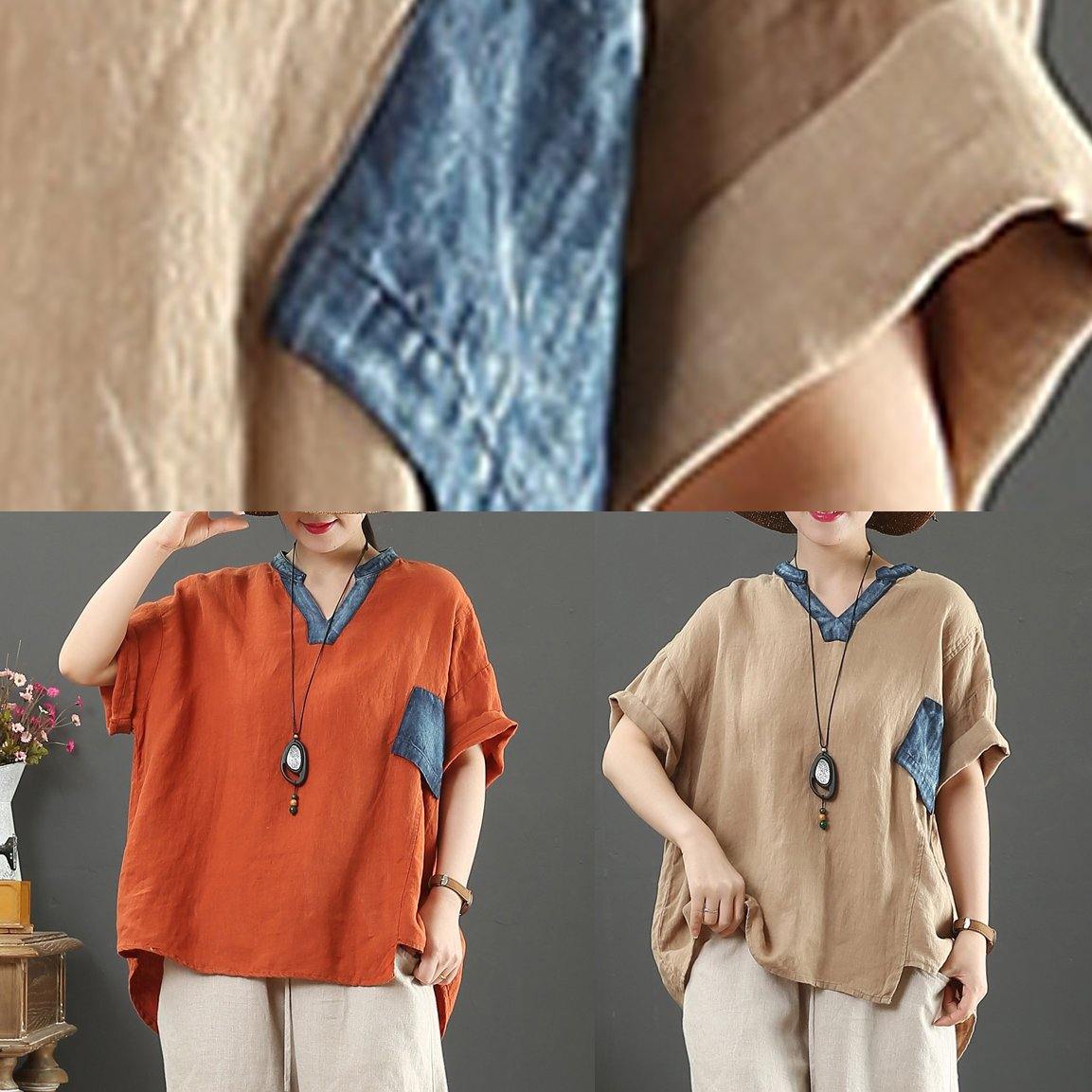V Neck Pockets Linen Shirts Cotton Khaki Blouses