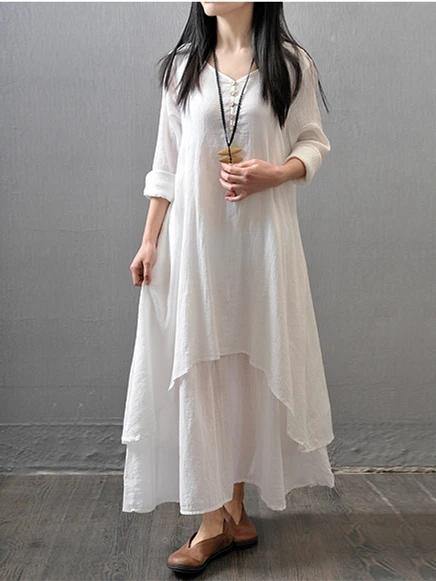White Cotton Outfit V Neck Patchwork Dresses