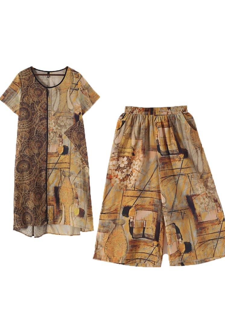 Yellow Printed Mid Length + Loose Wide Leg Pants Suit