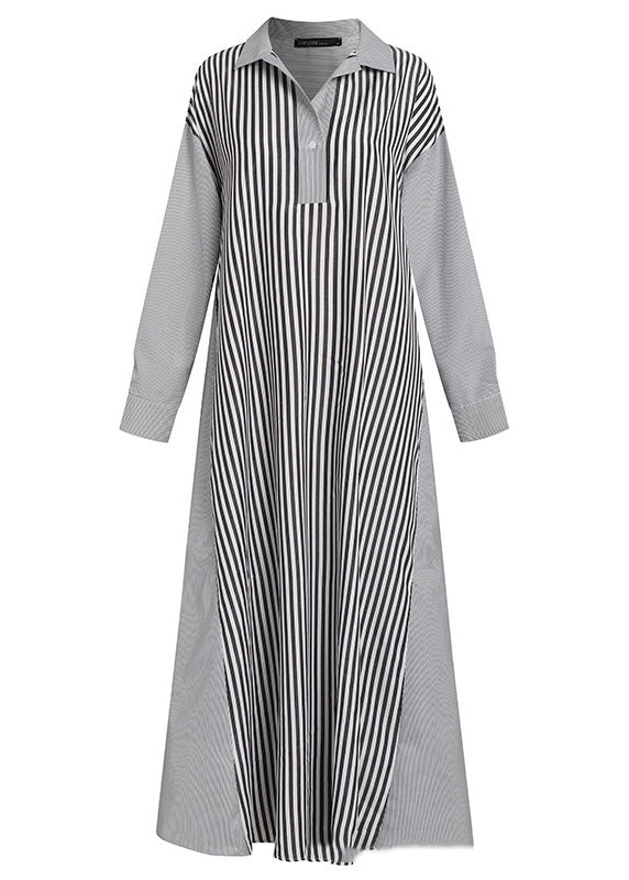 European and American Style Black Peter Pan Collar Striped Cotton Shirts Dress Spring