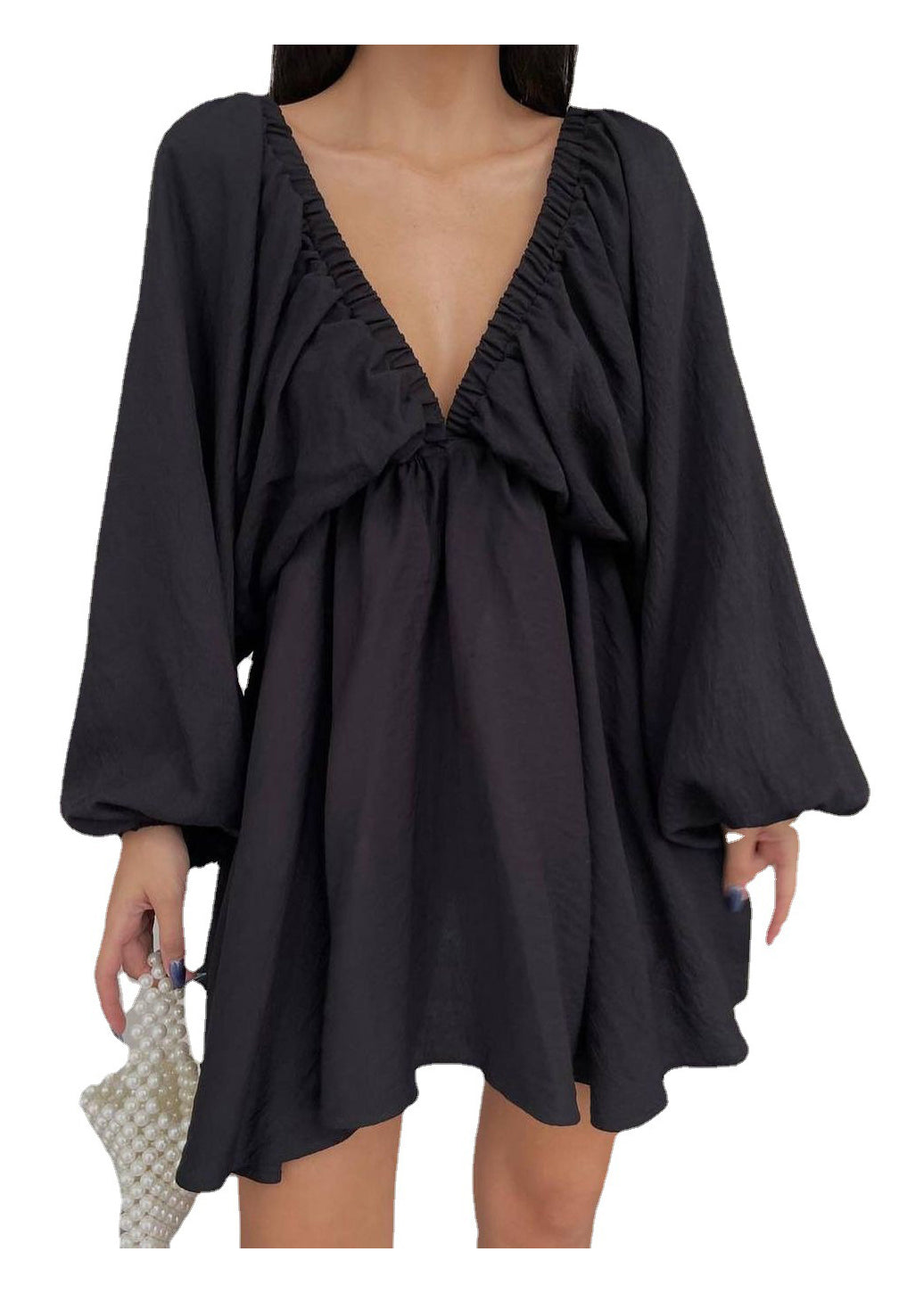 European and American Style Lantern Sleeve V Neck Short Dress
