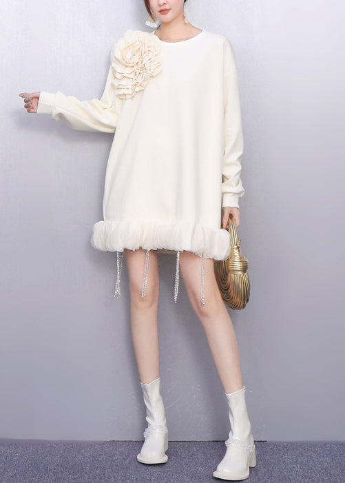 Fall Beige Decorated Crystal Tassel Patchwork Dress