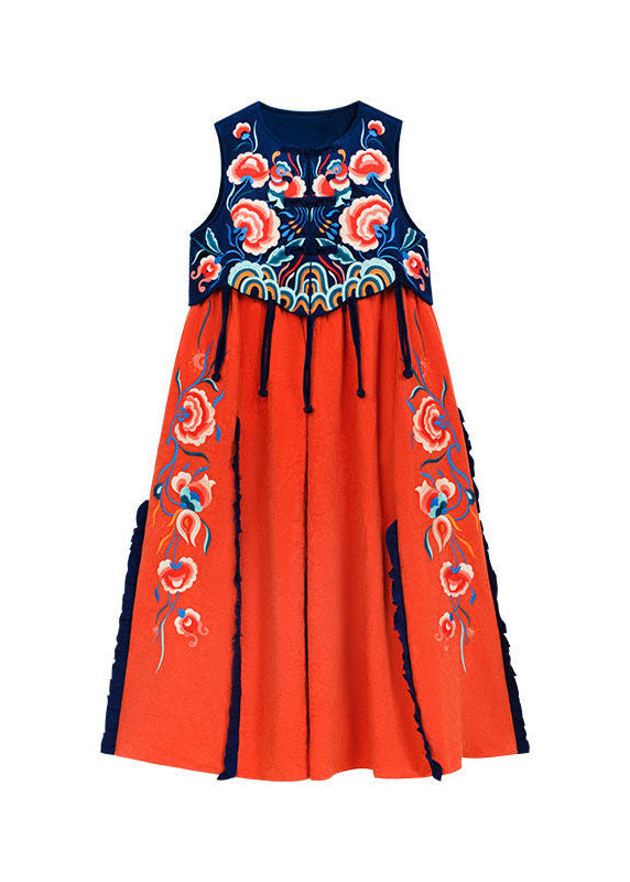 Famous Family Style Orange Embroideried O-neck Embroideried Patchwork Long Dress Sleeveless