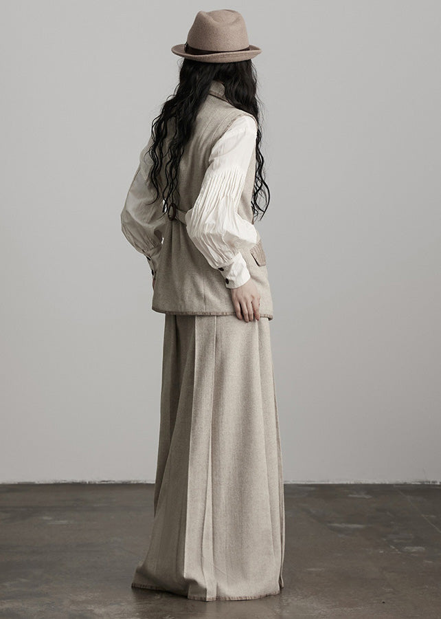 Apricot Wrinkled High Waist Patchwork Woolen Skirts Winter