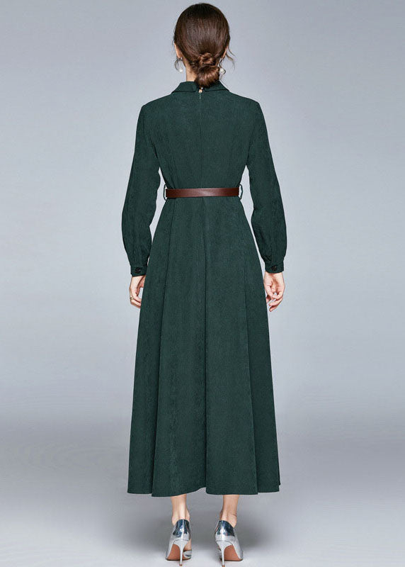 Army Green Notched Sashes Patchwork Corduroy Long Dresses Fall