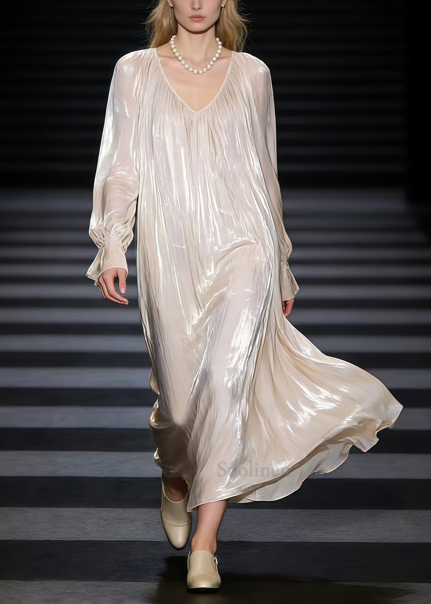 Beige Oversized Draping Silk Maxi Dress Spring