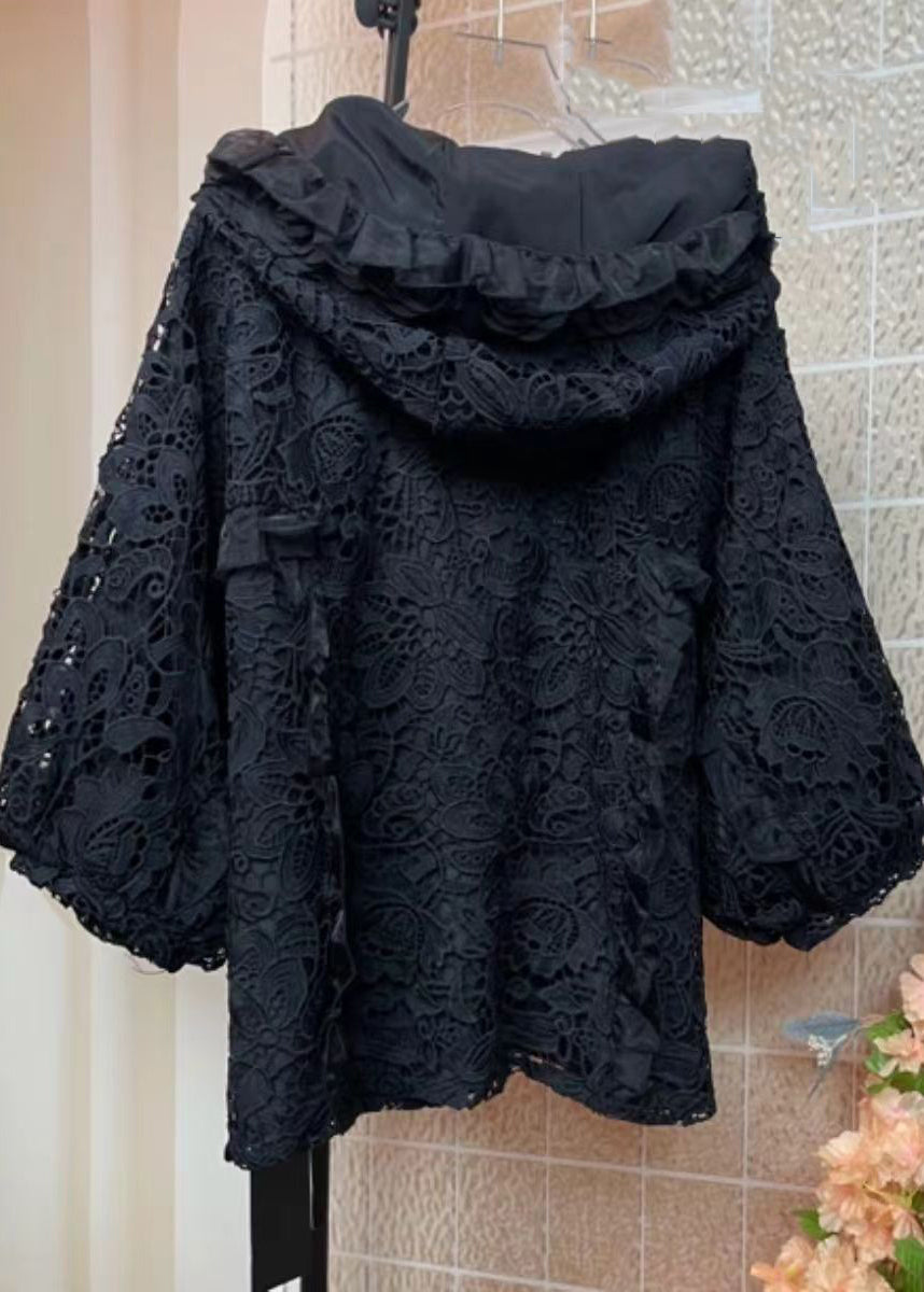 Black Embroidered Lace Hooded Coats Fall