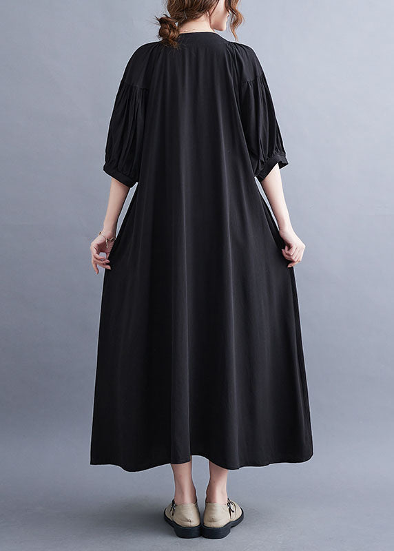 Black Embroideried Lace Up Cotton Maxi Dress Summer