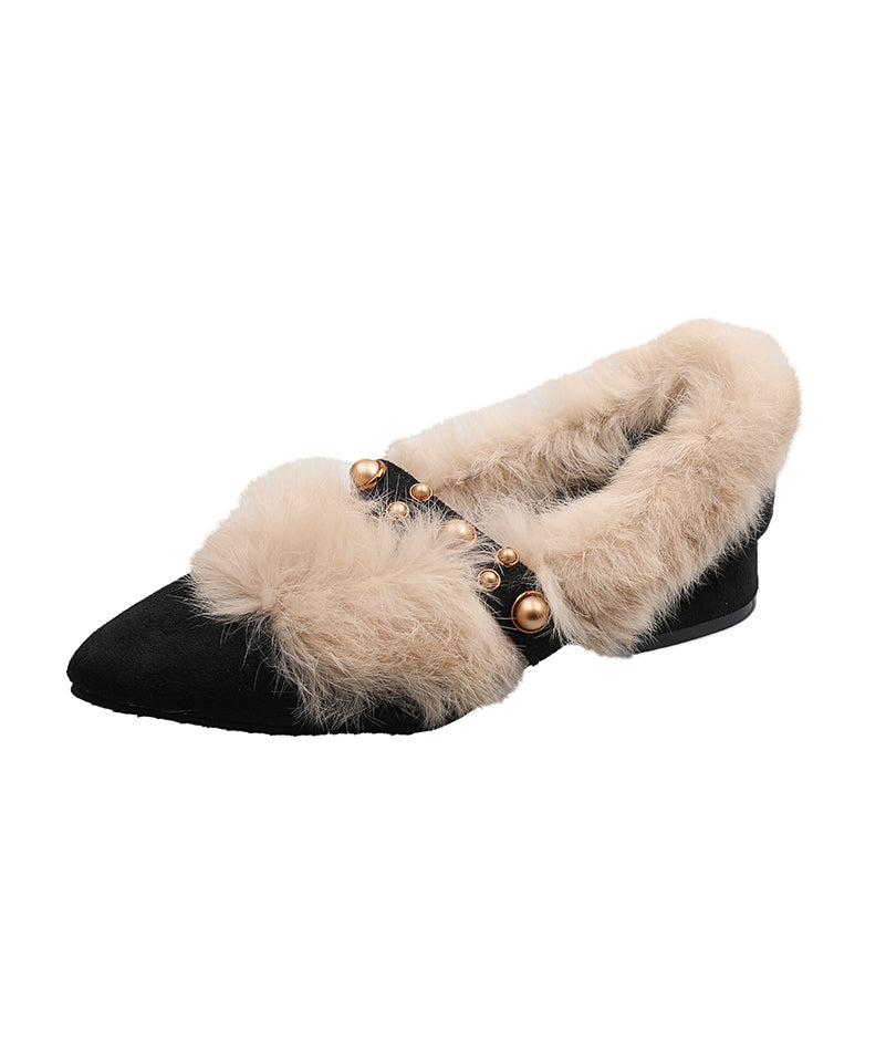 Black Fuzzy Wool Lined Chunky Suede Rivet Pointed Toe Penny Loafers