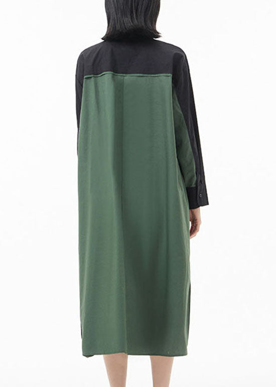 Black Green Peter Pan Collar Button Side Open Patchwork Shirt Dress Spring