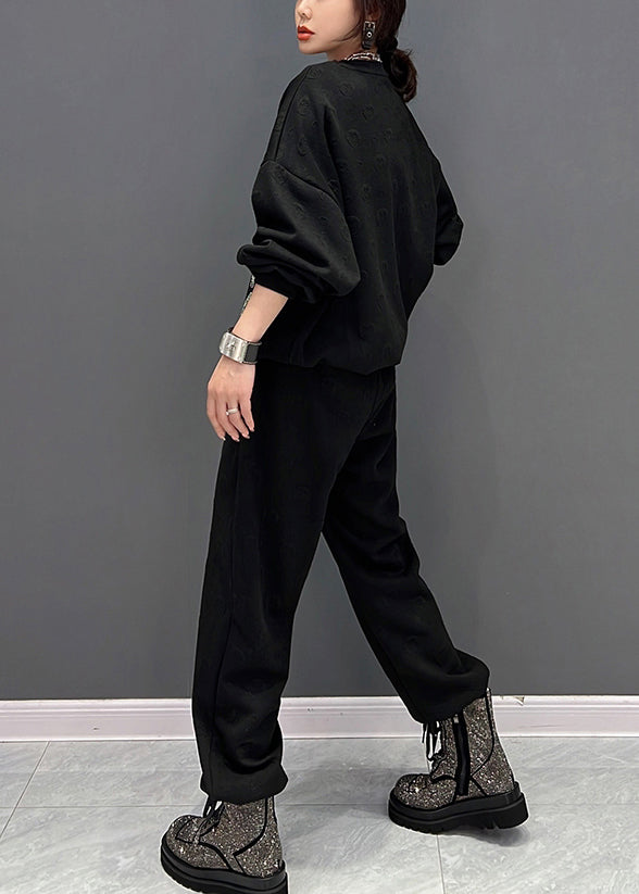 Black O-neck Animal Print Pullover and Pants Two Pieces Set Fall