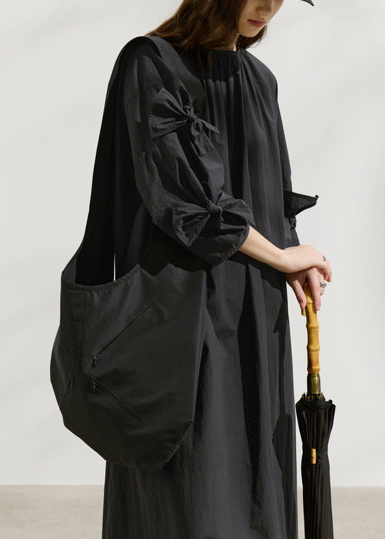 Black O Neck Bow Loose Cotton Dress Summer
