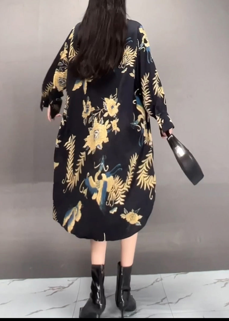 Black Peter Pan Collar Asymmetrical Print Long Dress Spring