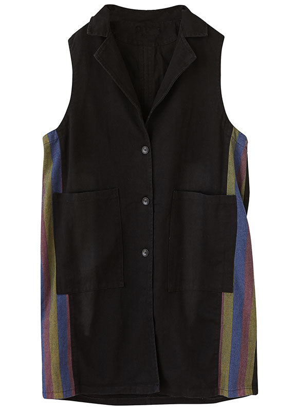 Black Peterpan Collar Button Pockets Patchwork Fall Sleeveless Waistcoat