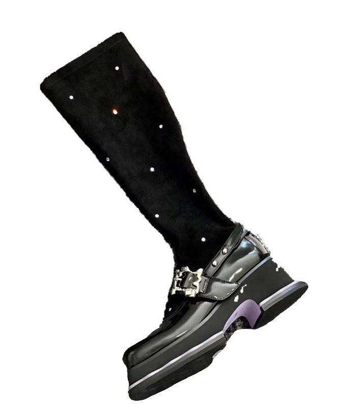Black Platform Knit Fabric Splicing Diamond Knee Boots