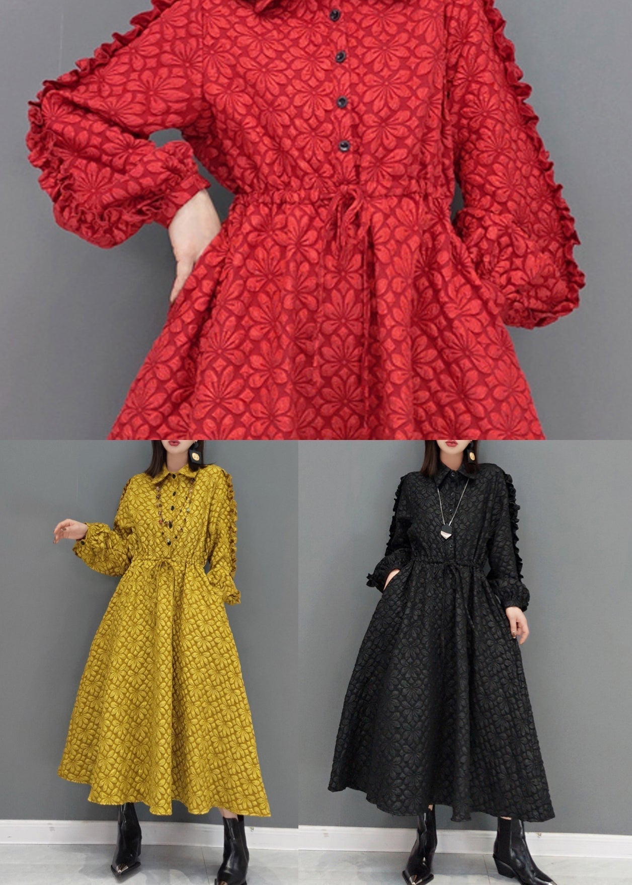 Black Ruffled Jacquard Patchwork Cotton Long Dress Fall
