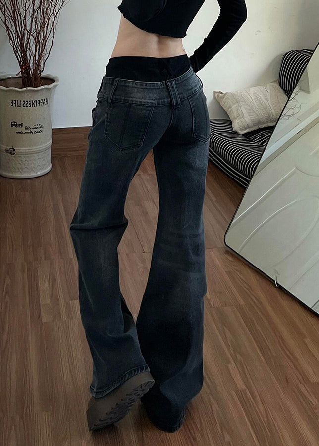 Black Silm Fit Denim Flare Bottoms Pants Trousers Spring