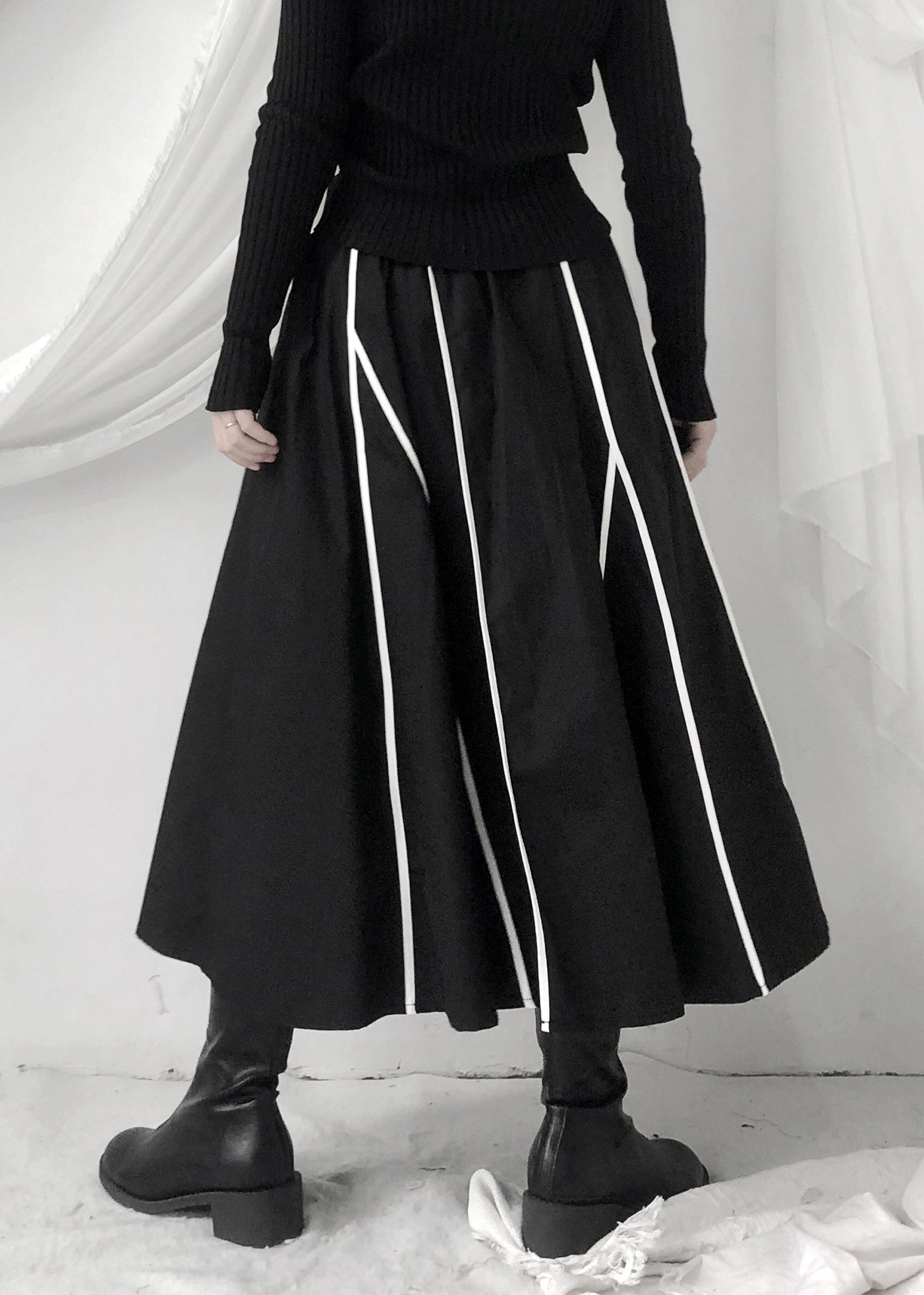 Black Striped Patchwork Pockets Elastic Waist Skirt Fall