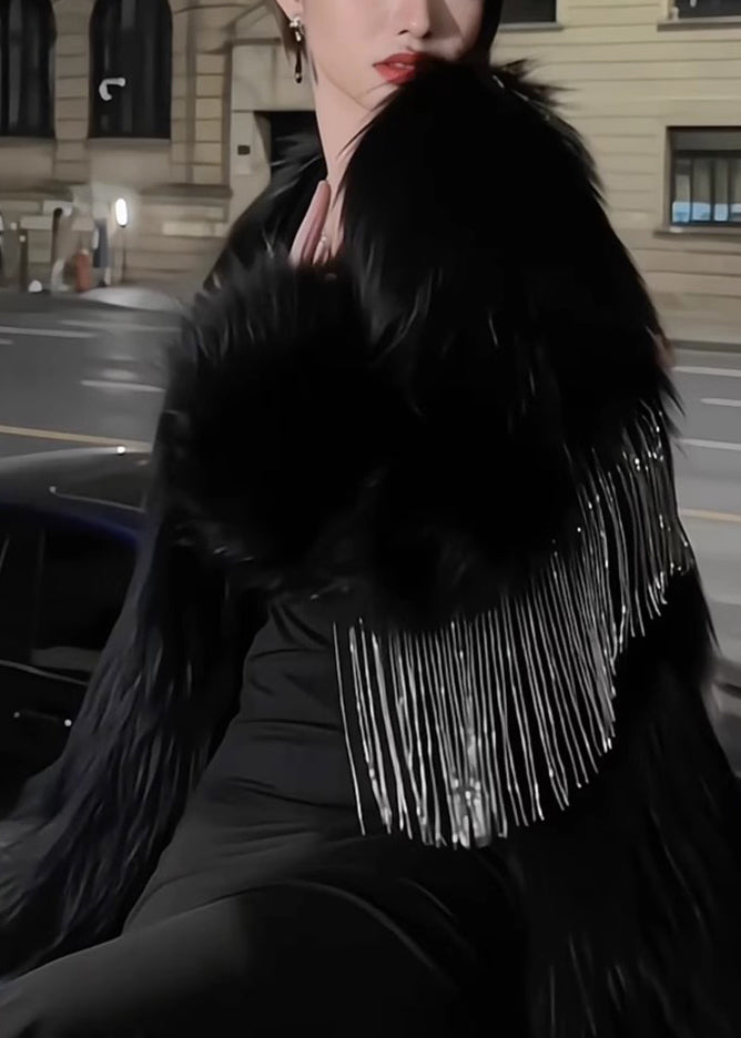 Black V Neck Tassel Patchwork Coats Spring