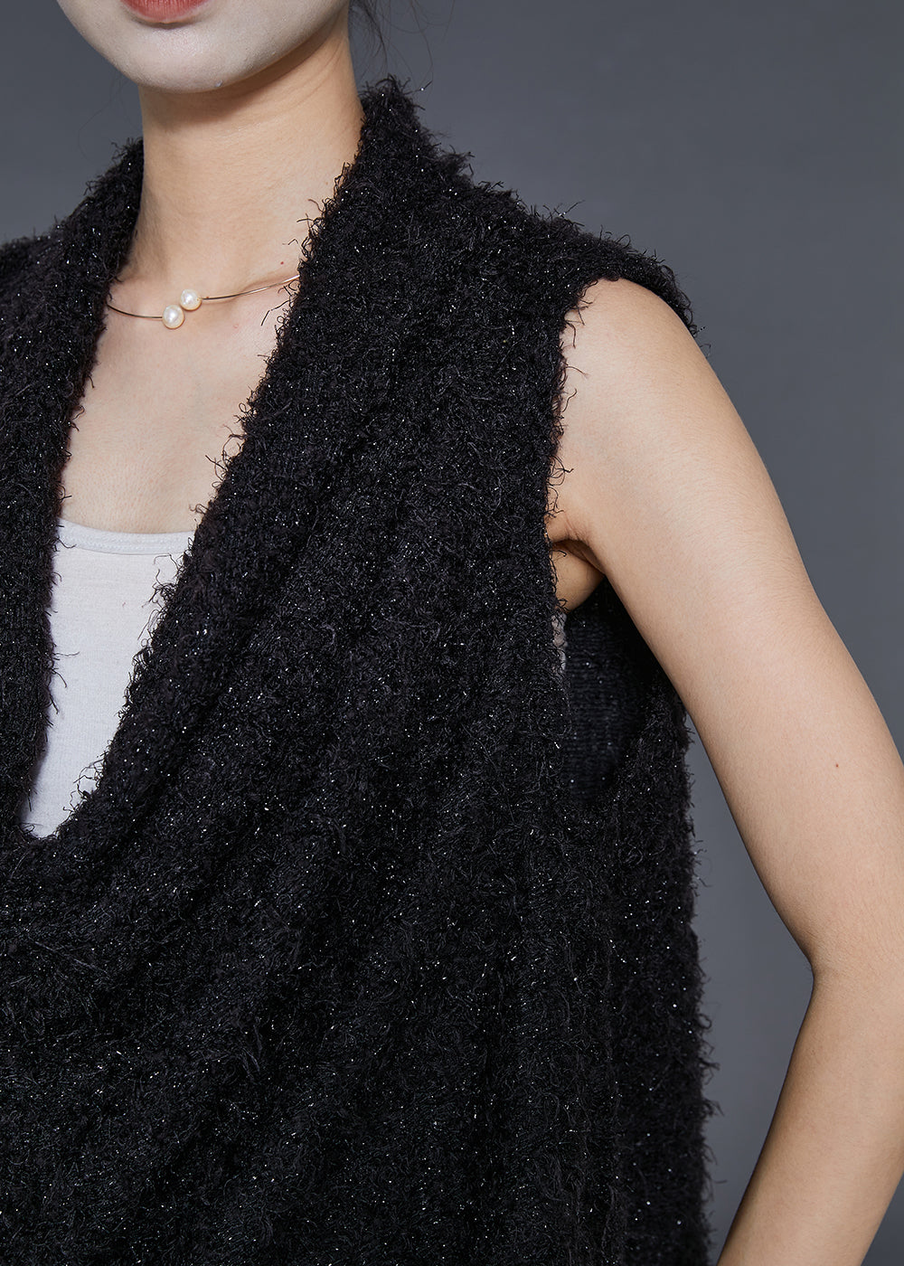 Black V Neck Warm Fuzzy Fur Fluffy Vest Spring