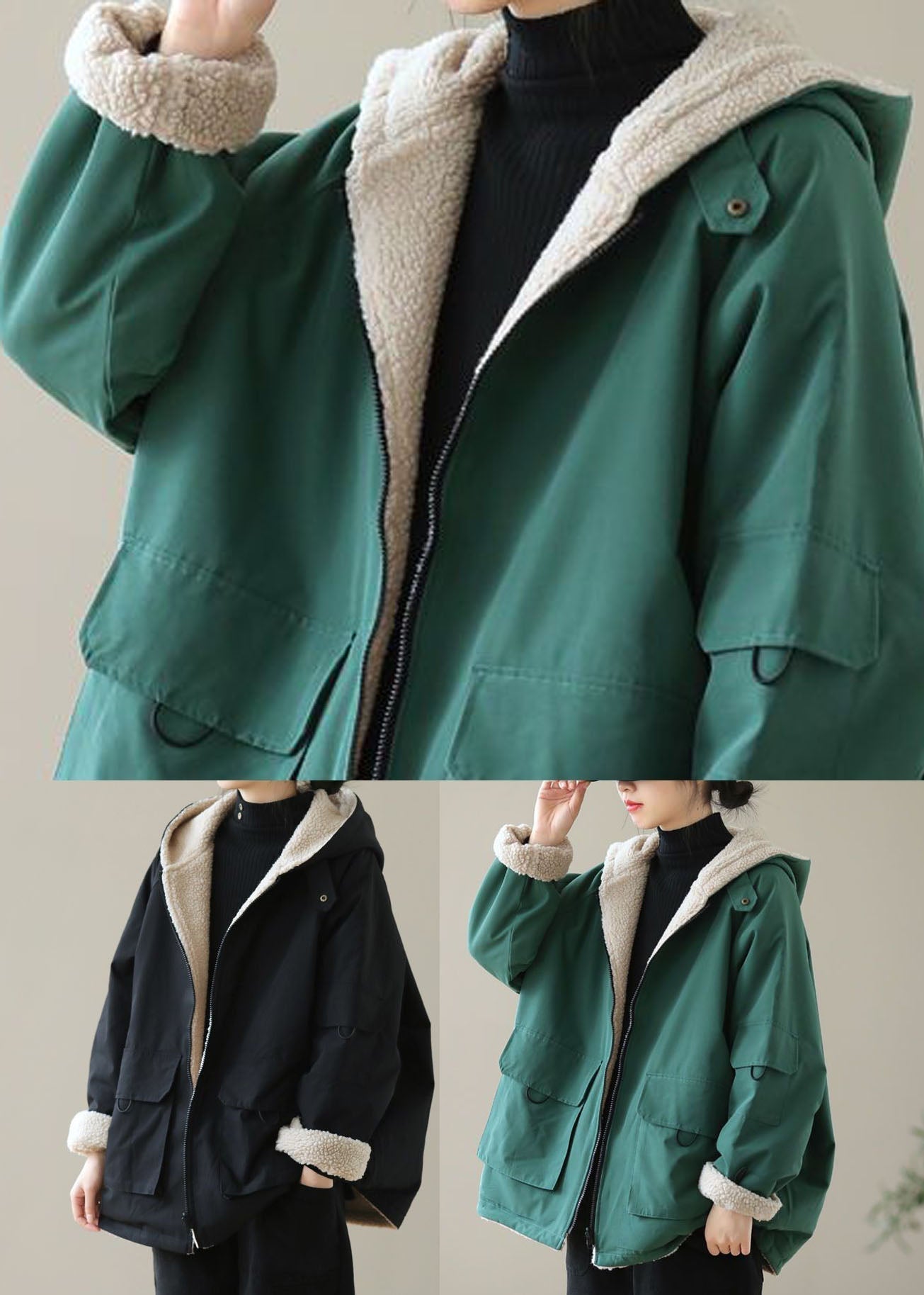 Black Zip Up Pockets Thick Fuzzy Wool Lined Cotton Hoodie Coat Winter