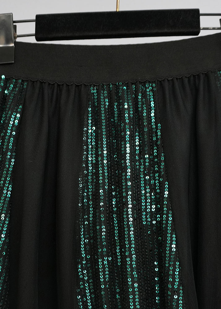 Blackish Green Sequins Patchwork Tulle Skirts Spring