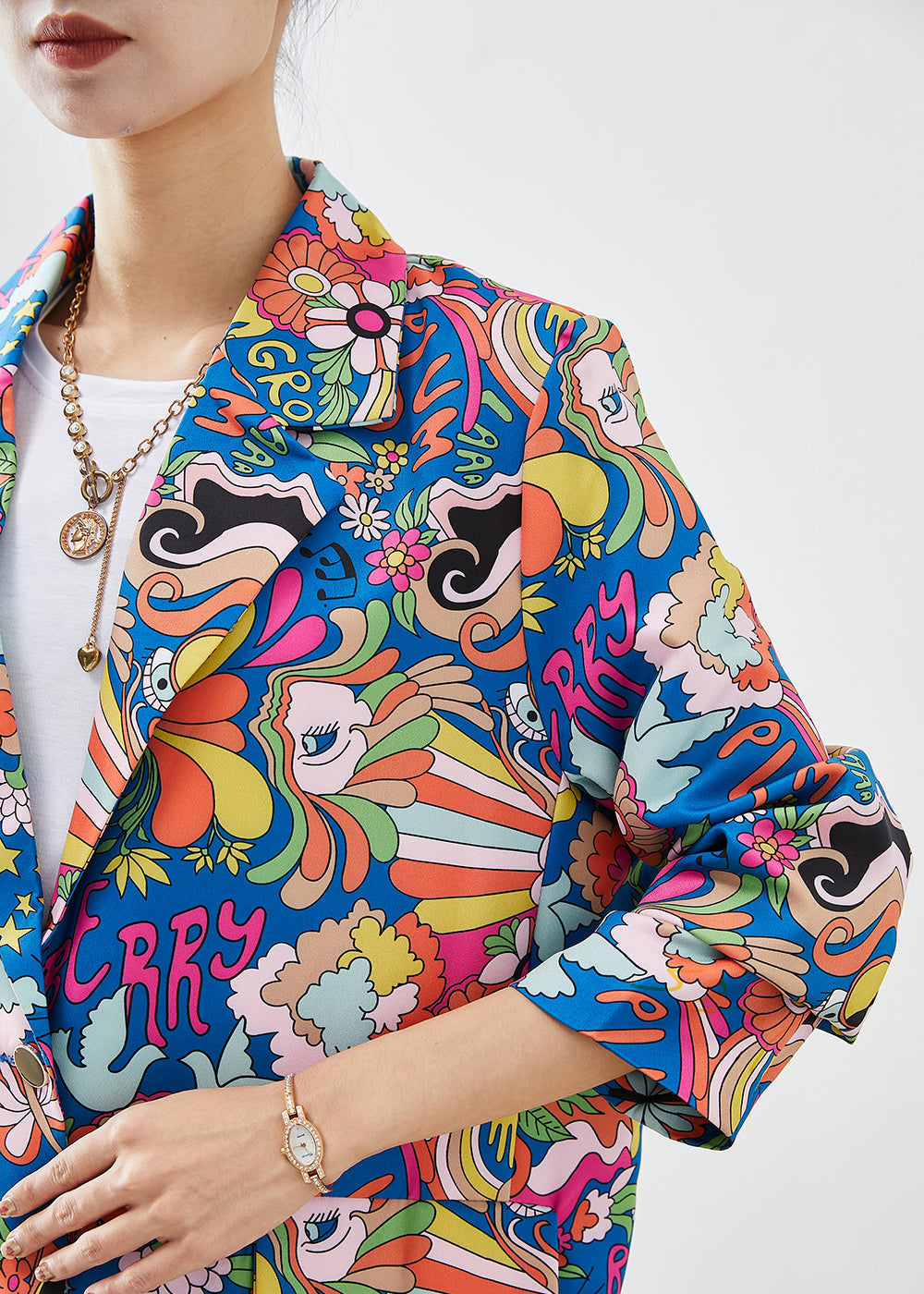 Blue Lapel Character Print Spandex Coats Fall