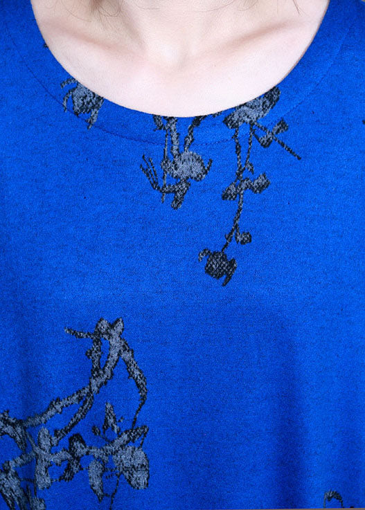 Blue O-neck Print Cotton Maxi Dress Spring