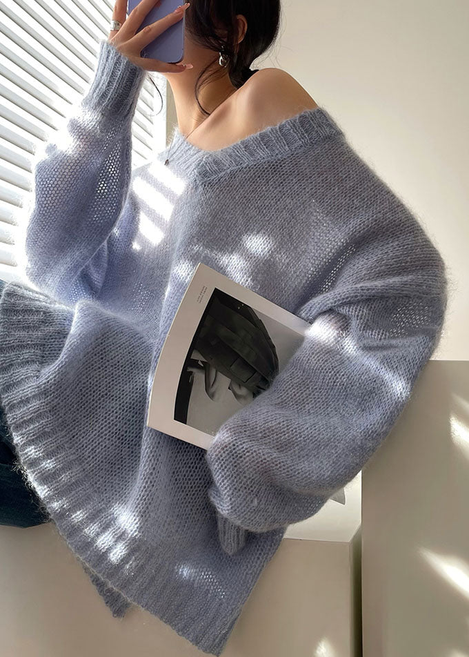 Blue V Neck Hollow Out Cozy Knit Sweater Tops Spring