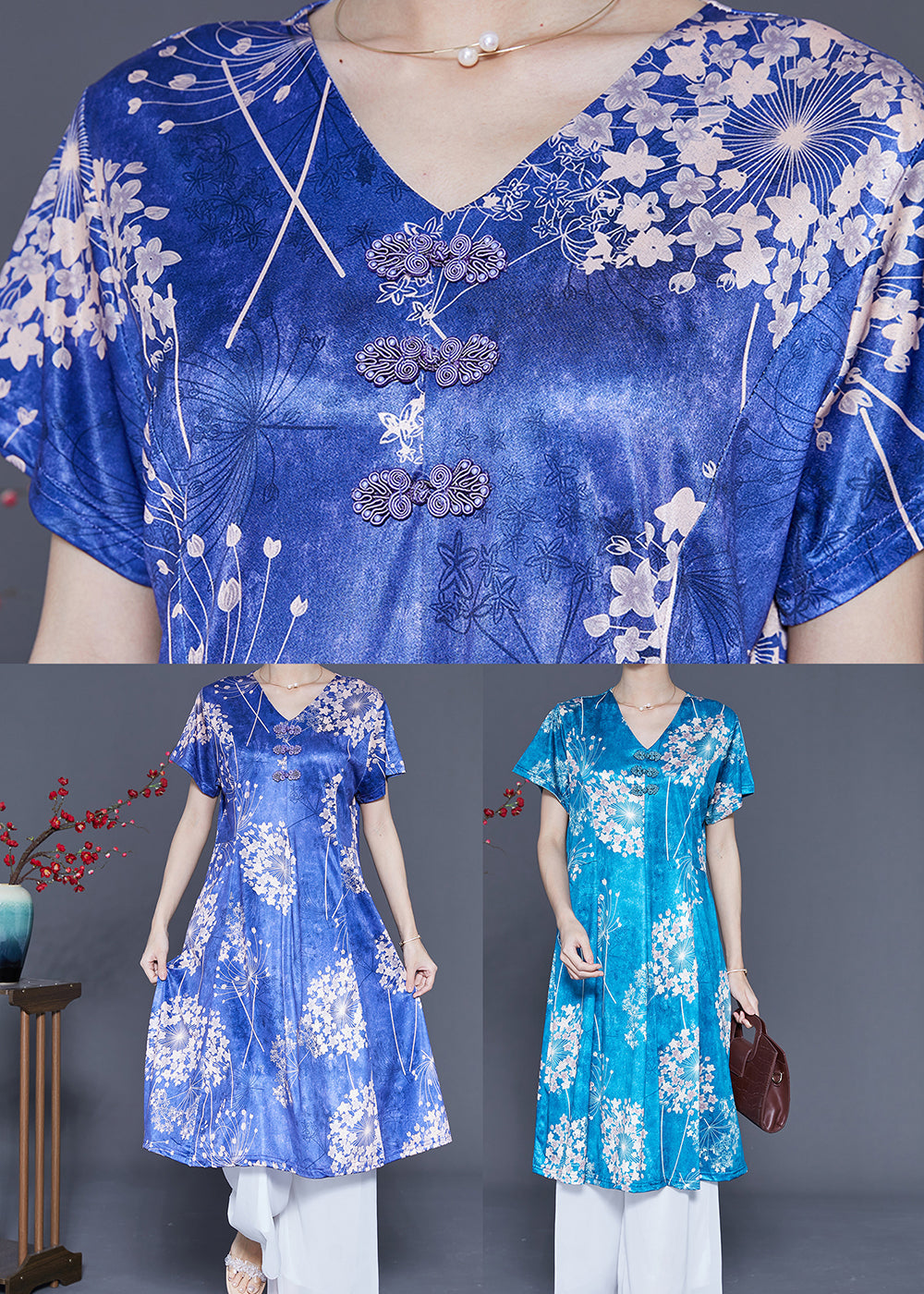 Blue V Neck Print Silk Holiday Dresses Summer