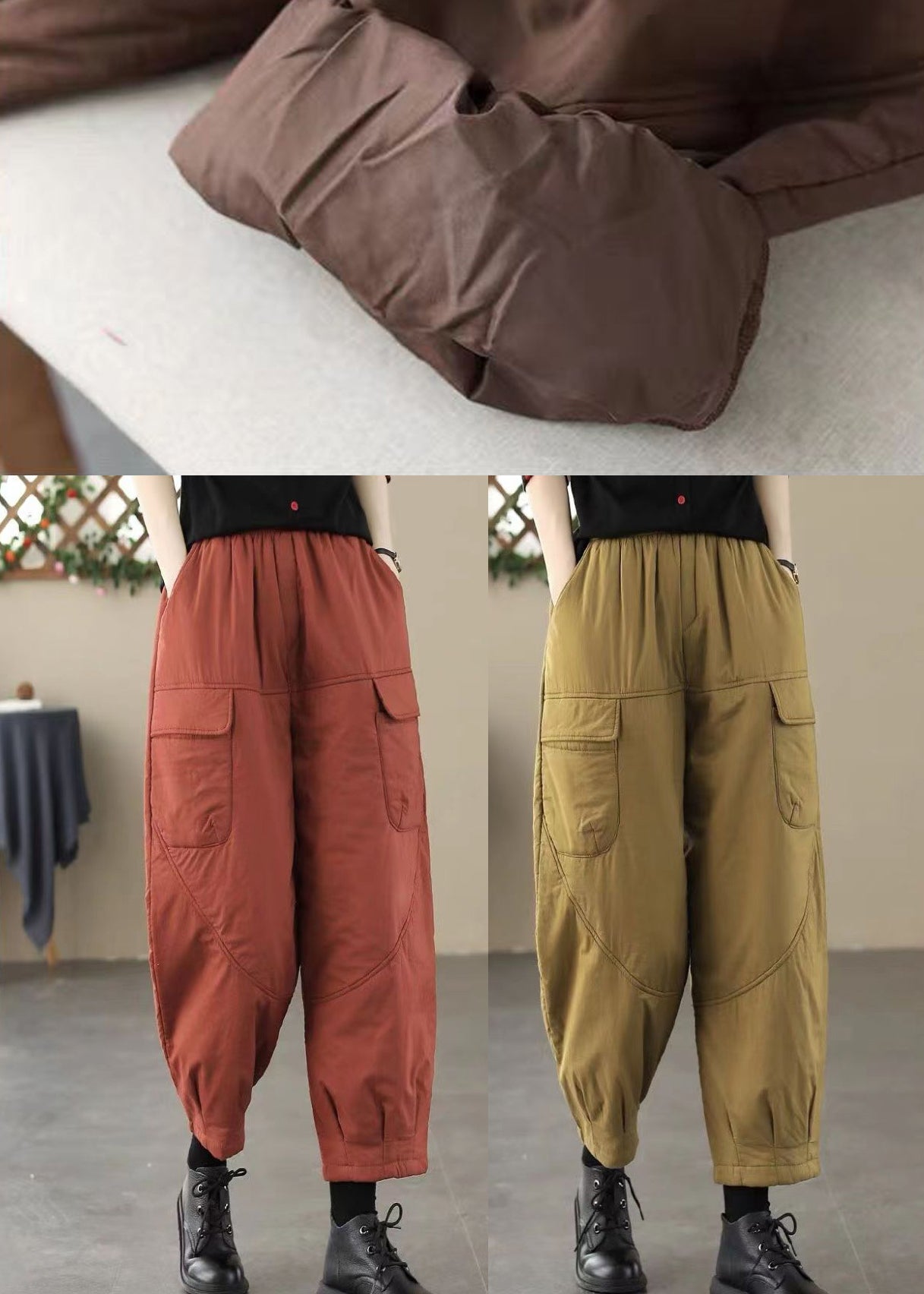 Brick Red Elastic Waist Pockets Fine Cotton Filled Pants Winter