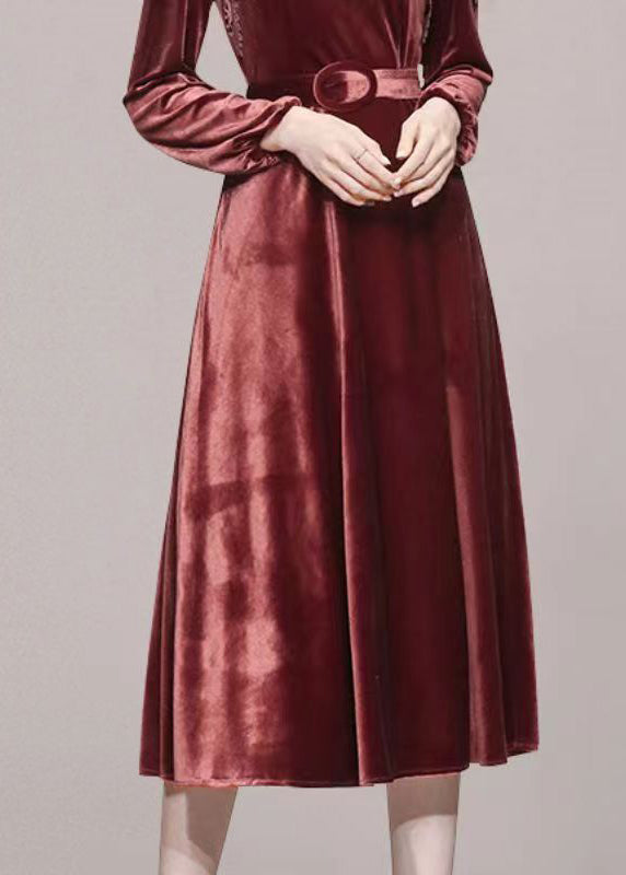 Brick Red Lace Tunic Patchwork Velour Long Dresses Fall