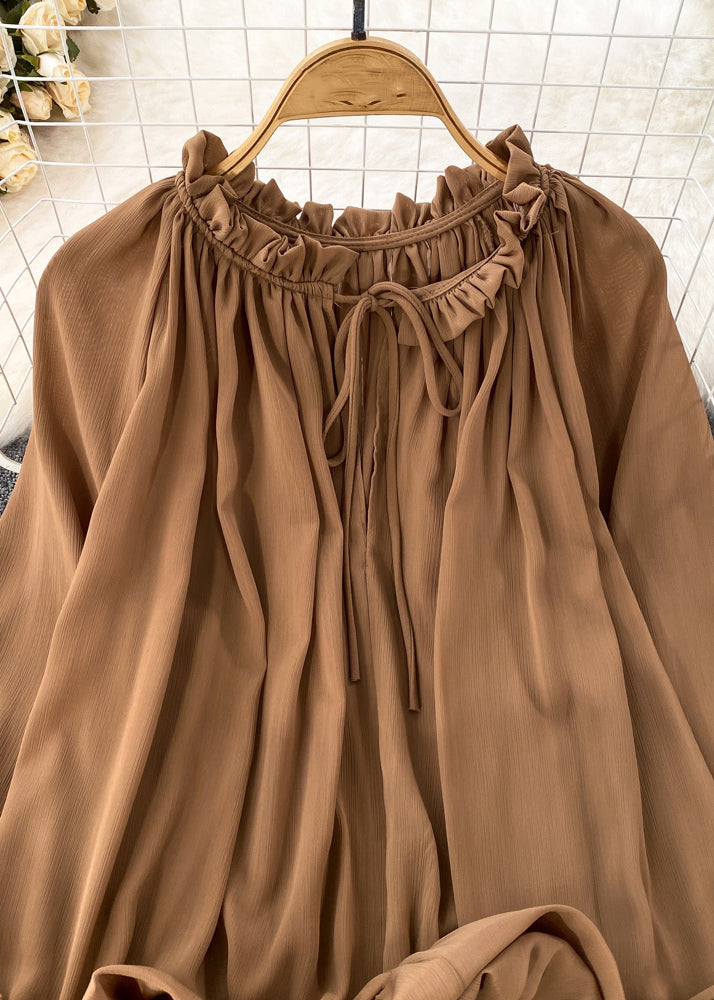 Brown Ruffled Patchwork Chiffon Maxi Tops Spring