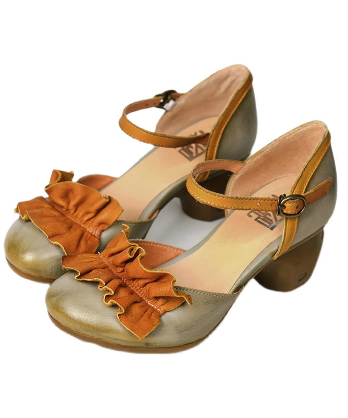 Buckle Strap Chunky High Heels Grey Ruffles Cowhide Leather Chunky Heel