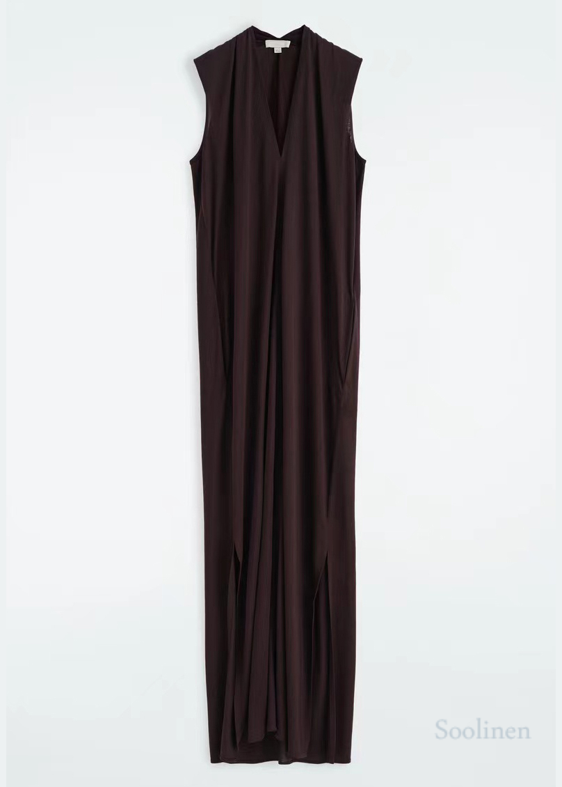 Chocolate V Neck Cotton Straight Dress Sleeveless