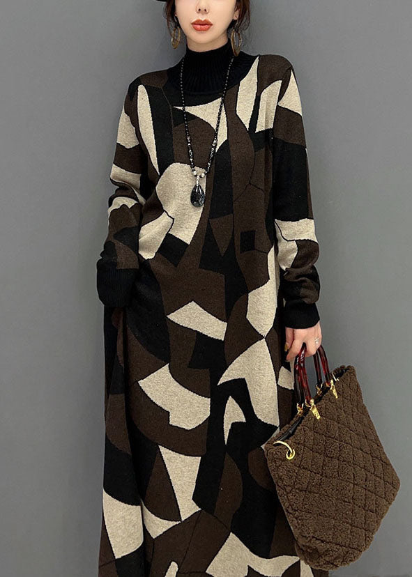 Chocolate Hign Neck Geometric Print Knit Sweater Dress Winter