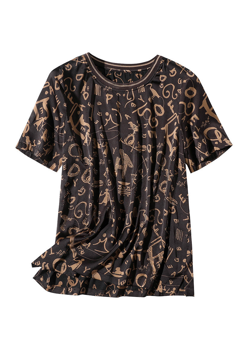 Coffee O-neck Print Chiffon Tops Short Sleeve