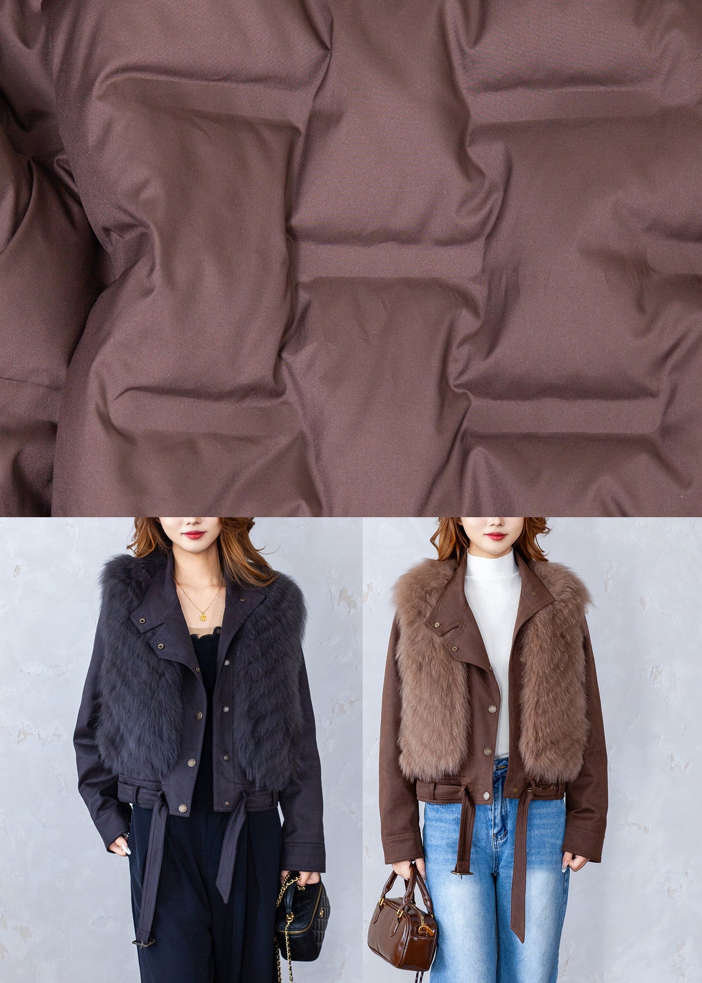 Coffee V Neck Warm Leather and Fur Waistcoat Winter